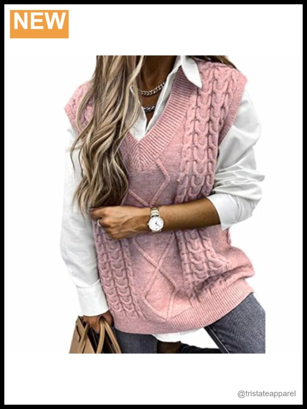 Women's Sleeveless Knit Sweater Vest, Loose V-Neck Pullover Cable Knit